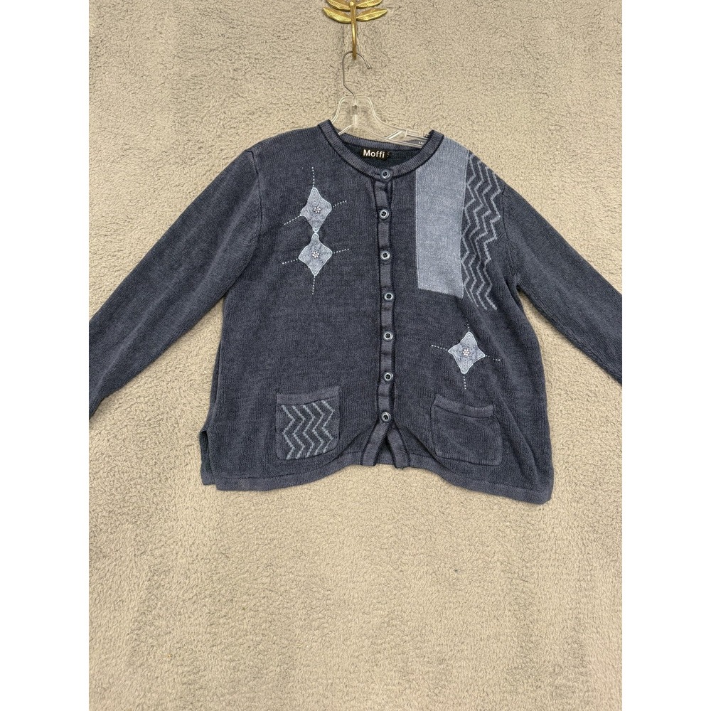 Moffi Sweater Womens XL Gray Embroidered Cardigan Button Front‎ Pockets Knit Top